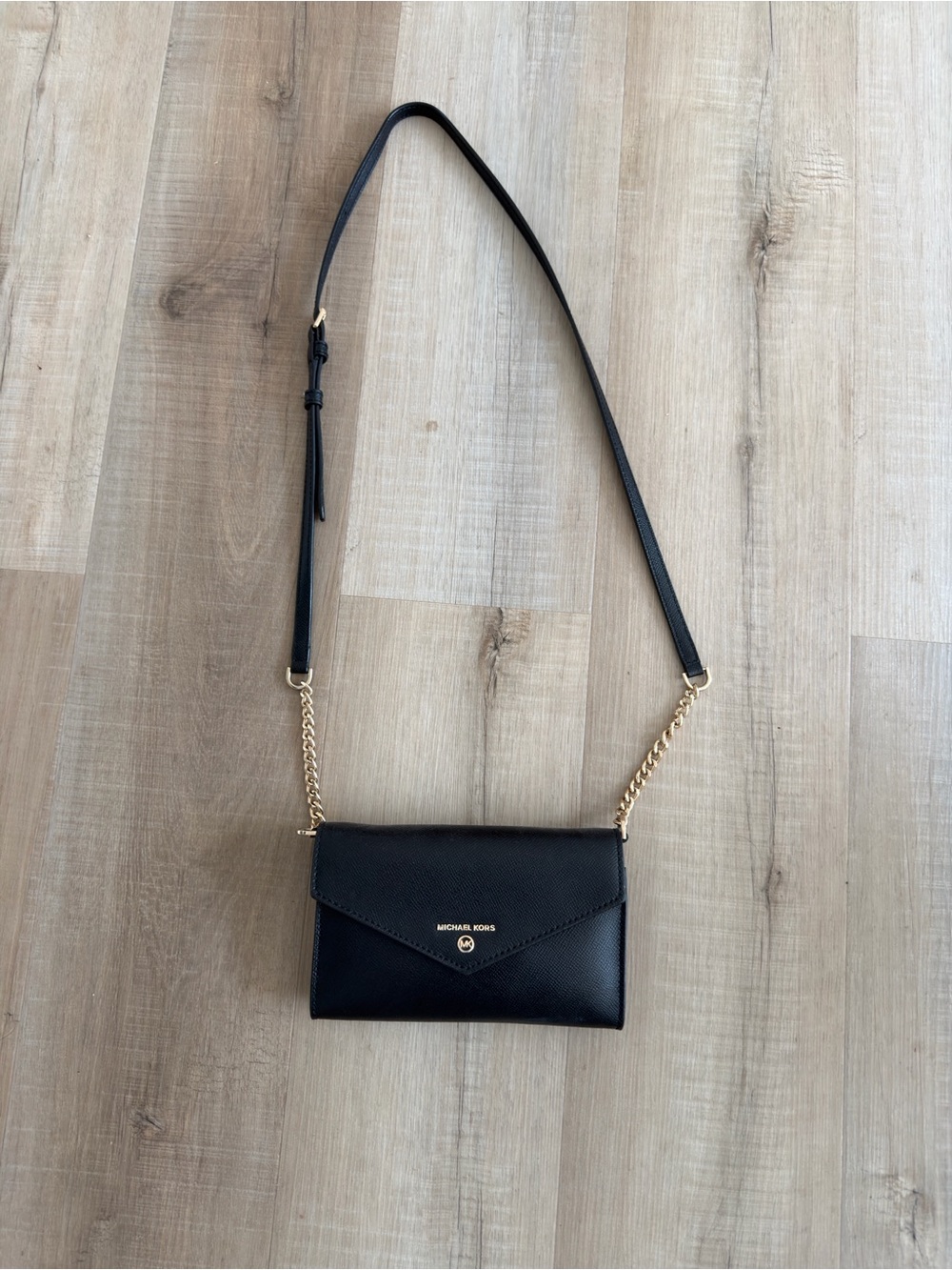 Michael Kors Black Leather Crossbody with Gold Chain
